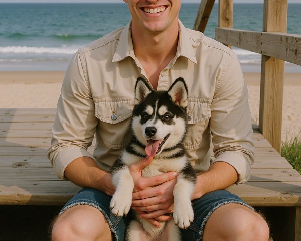 Young man with puppy on beach platform scene