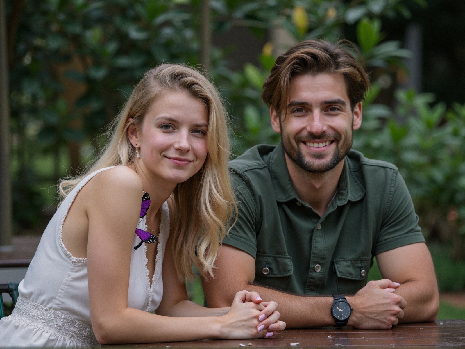 Young Couple Smiling Outdoors at Wooden Table