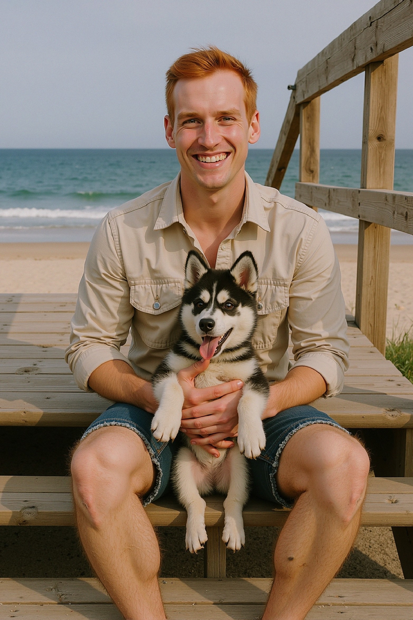 Young man with puppy on beach platform scene