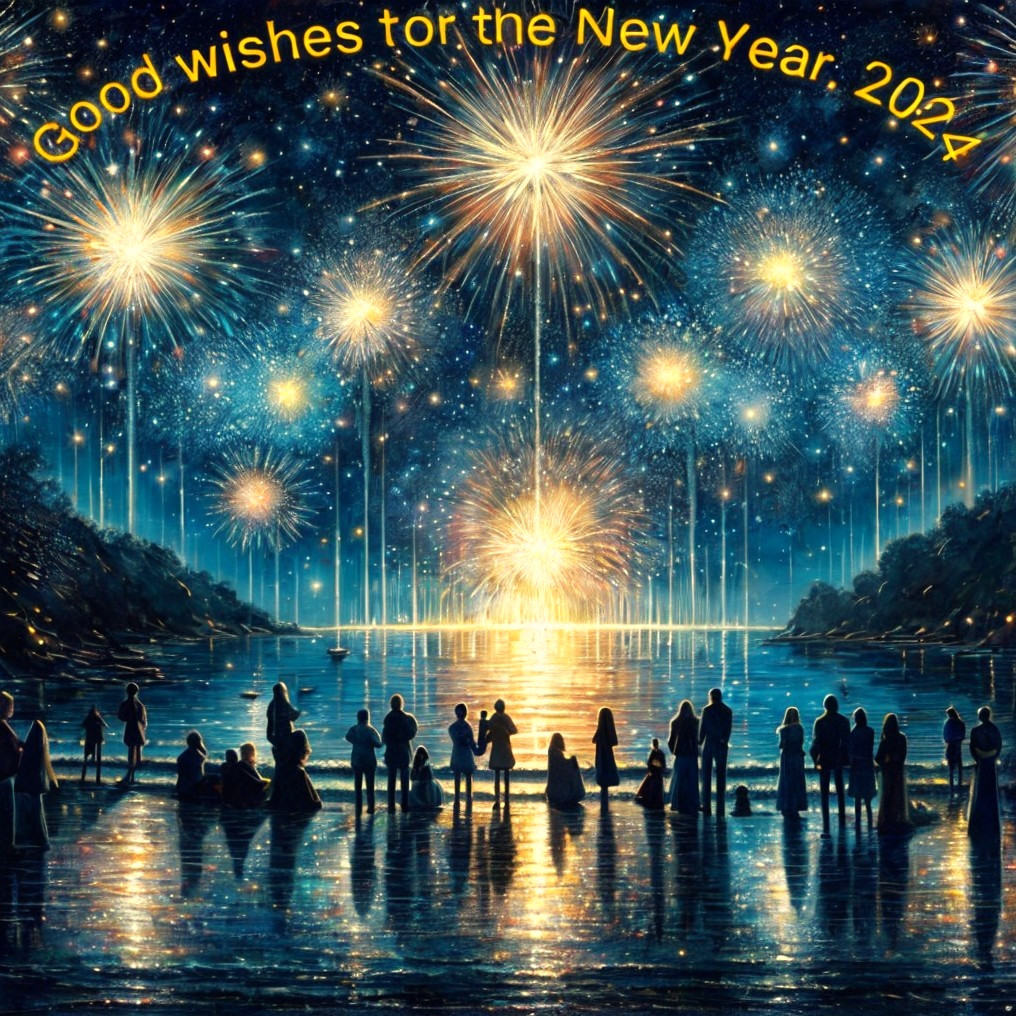 Crowd watching fireworks by waterside on New Year's Eve 2024