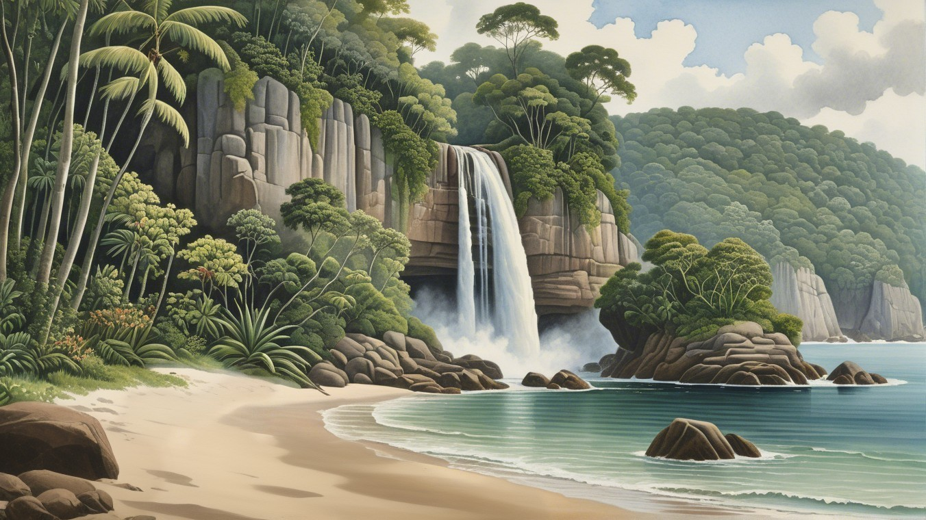 Tropical Landscape with Waterfall and Tranquil Beach