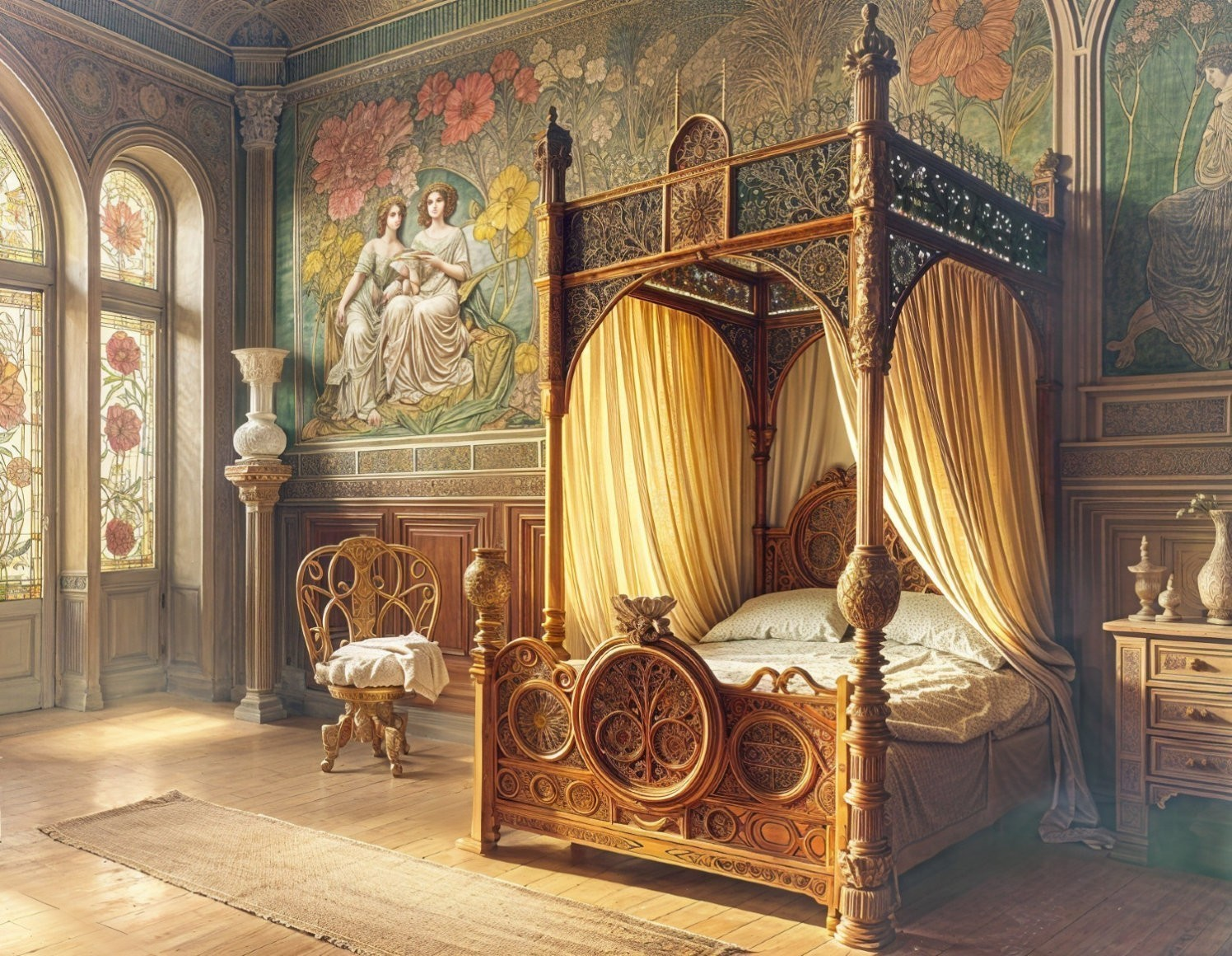 Elegant Bedroom with Four-Poster Bed and Stained Glass