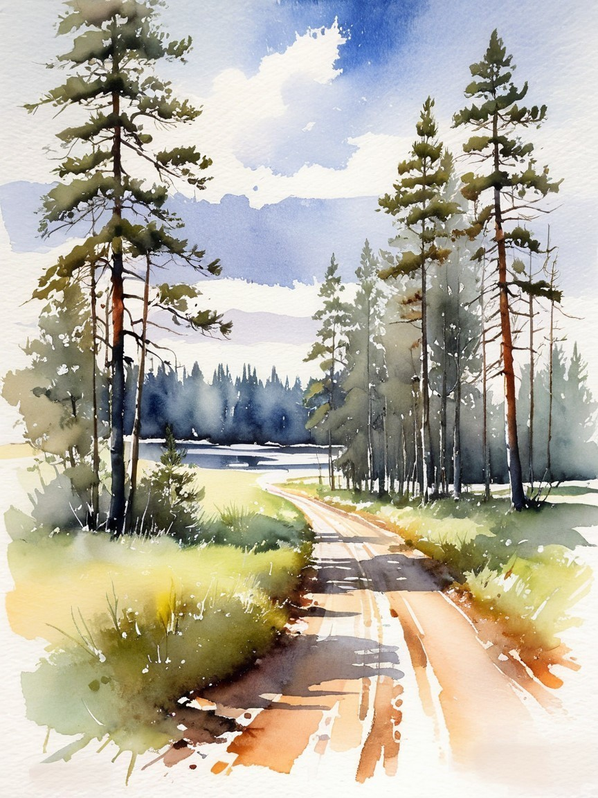 Watercolor Landscape with Path and Tranquil Lake