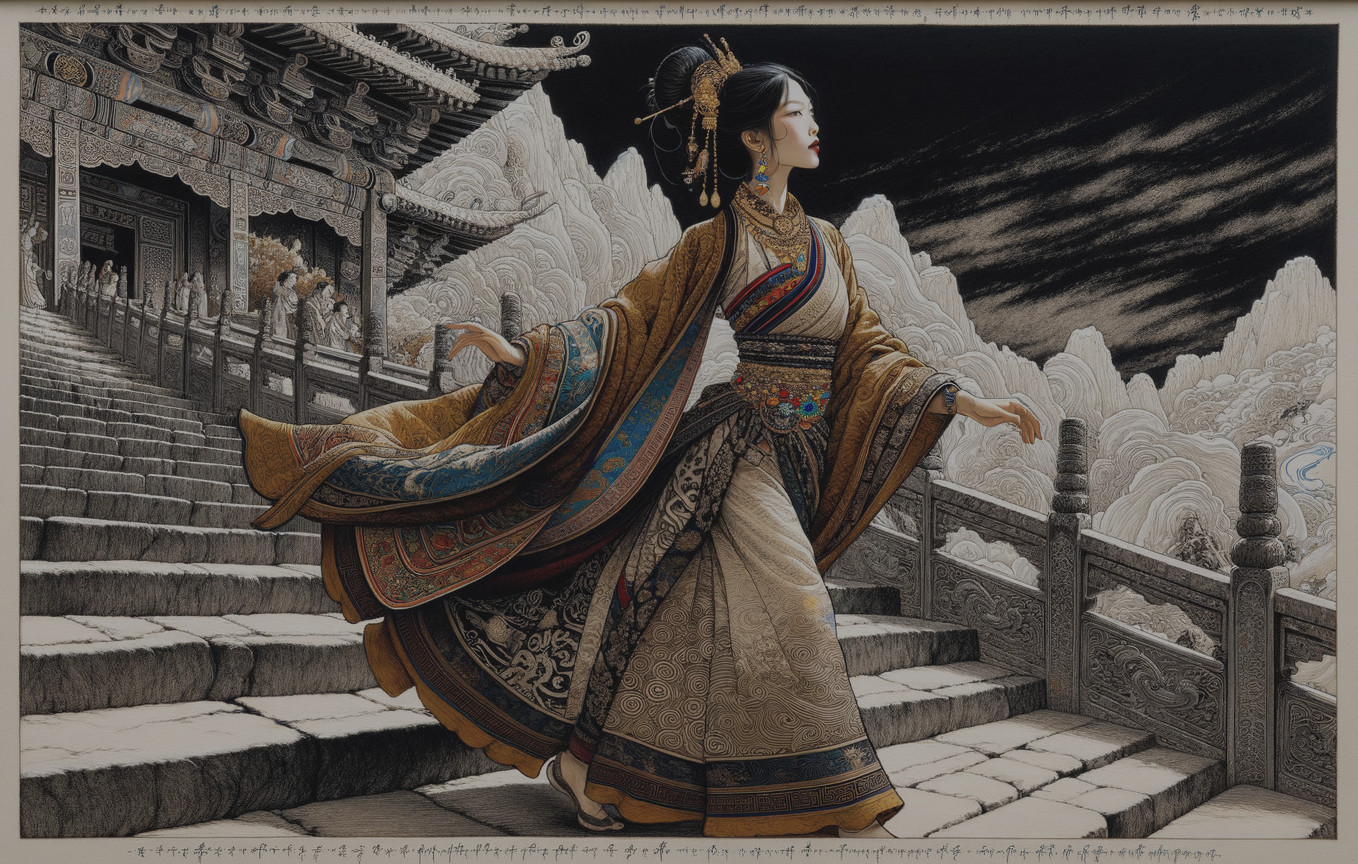 Traditional Attire Against Grand Architectural Backdrop