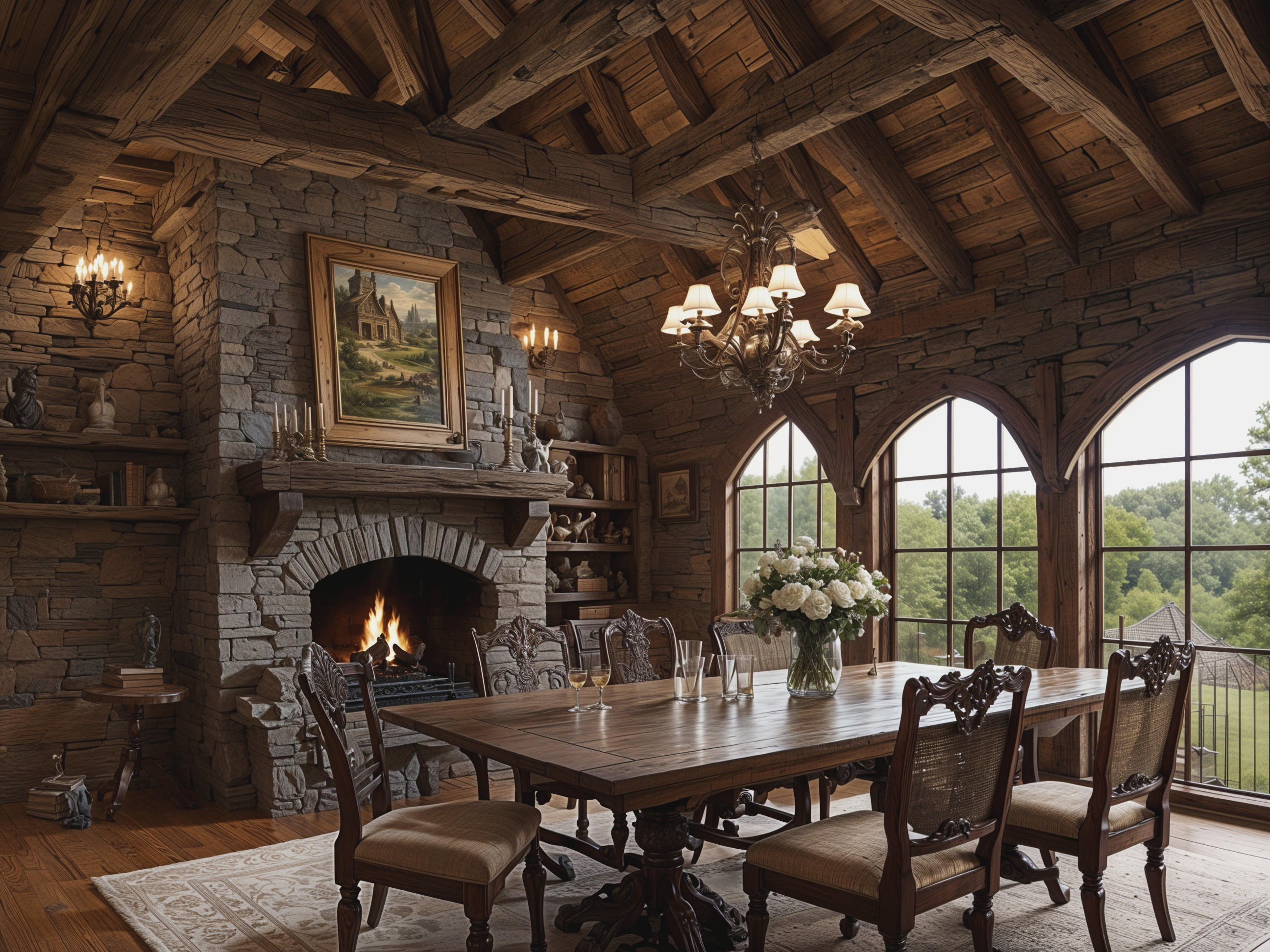 Rustic dining room with wooden table and stone fireplace