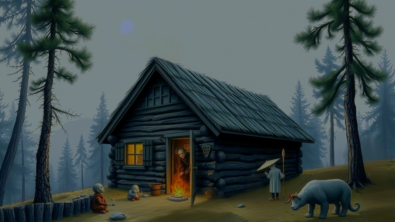 Cozy wooden cabin in a misty forest setting