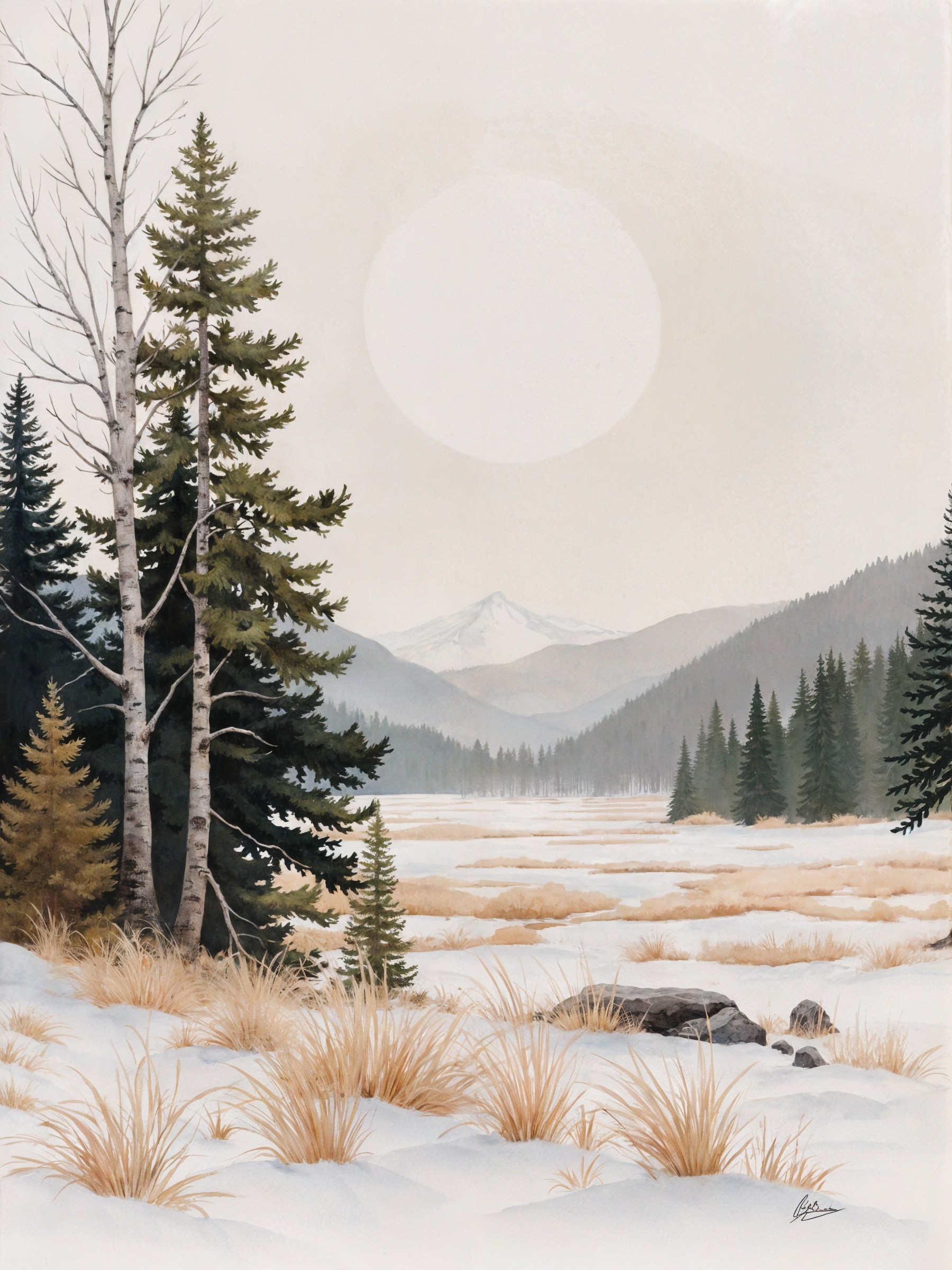 Serene winter landscape with snowy meadow and mountains
