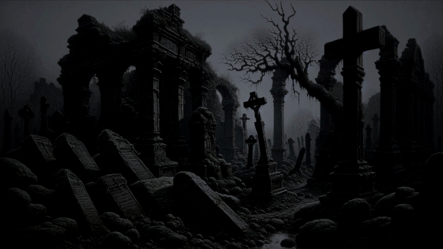 Haunting Graveyard Scene with Fog and Ruins