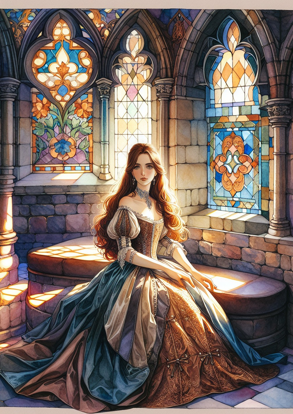 Vintage Dress in Serene Medieval Setting with Stained Glass