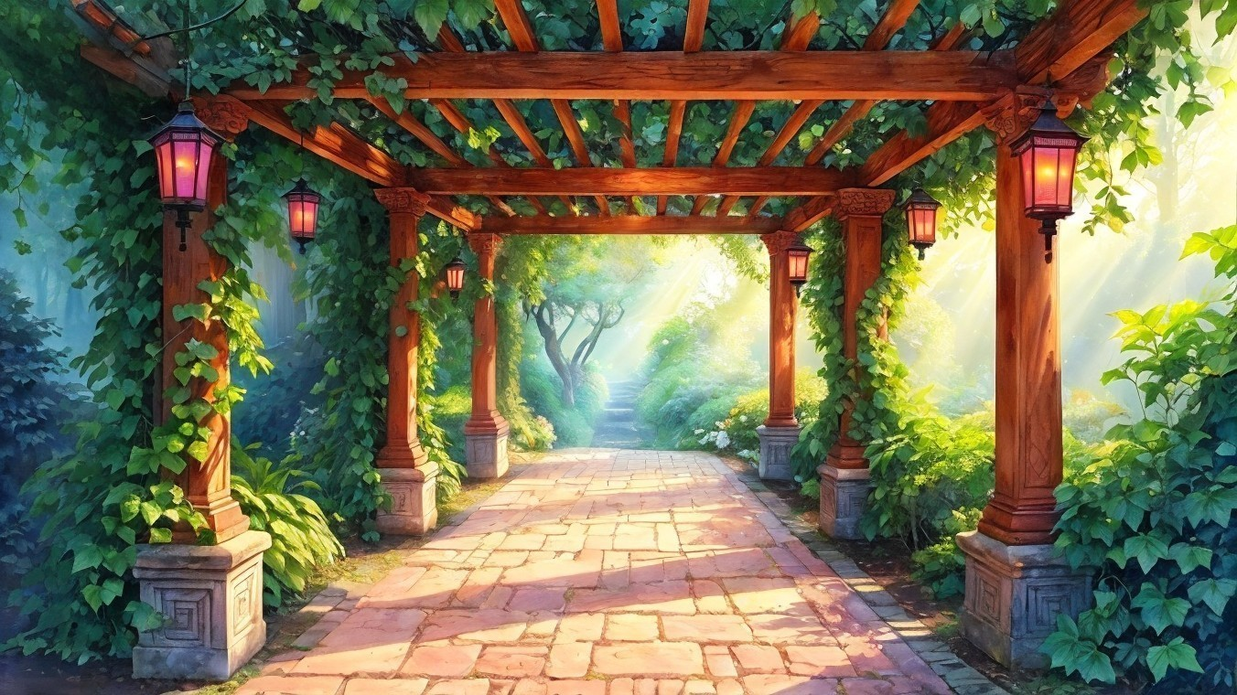 Serene Garden Path with Wooden Arches and Lanterns