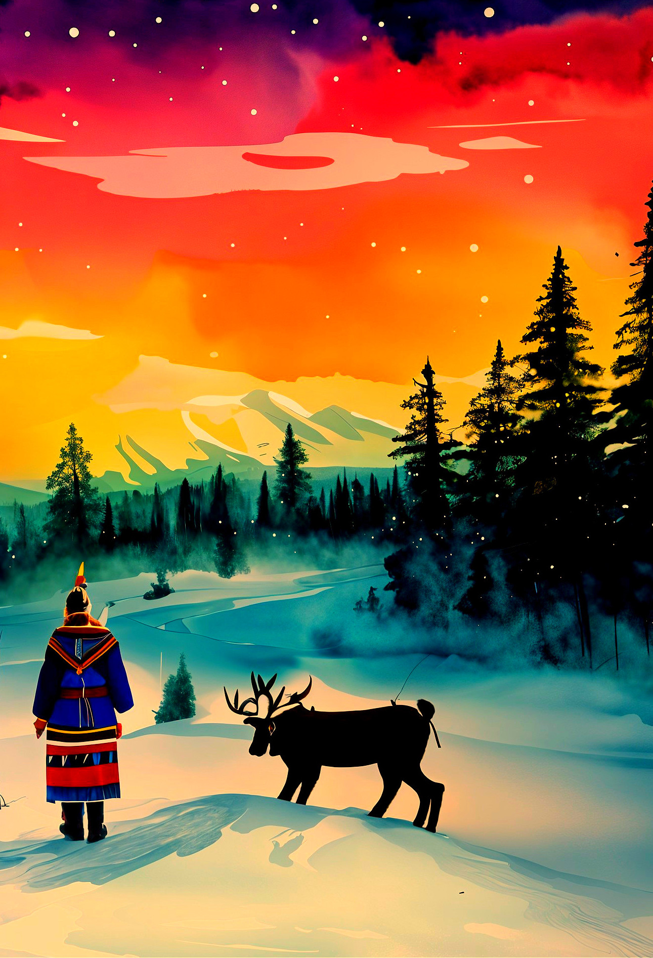 Serene winter landscape with sunset and reindeer