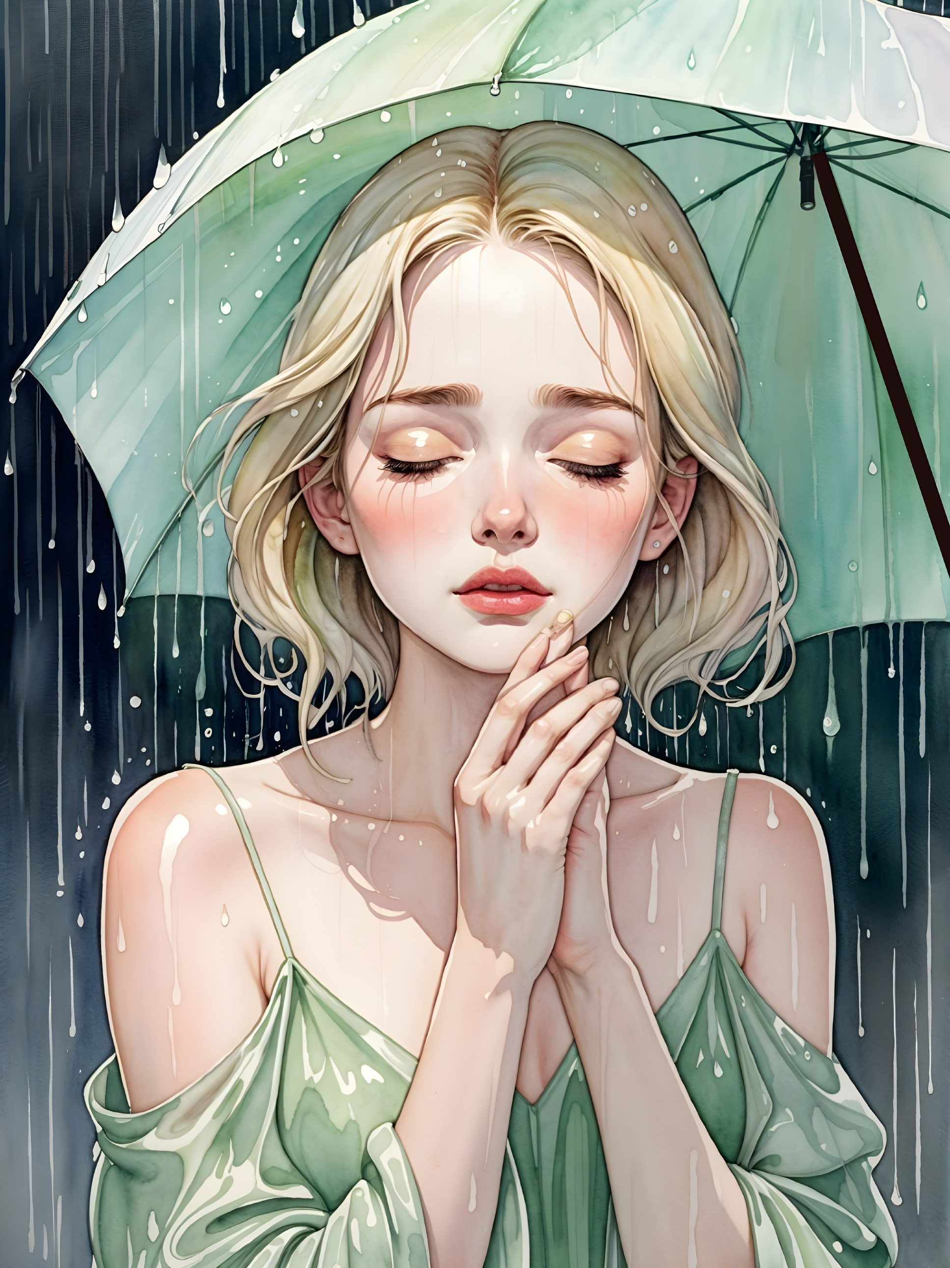 Young woman in rain with serene expression and umbrella