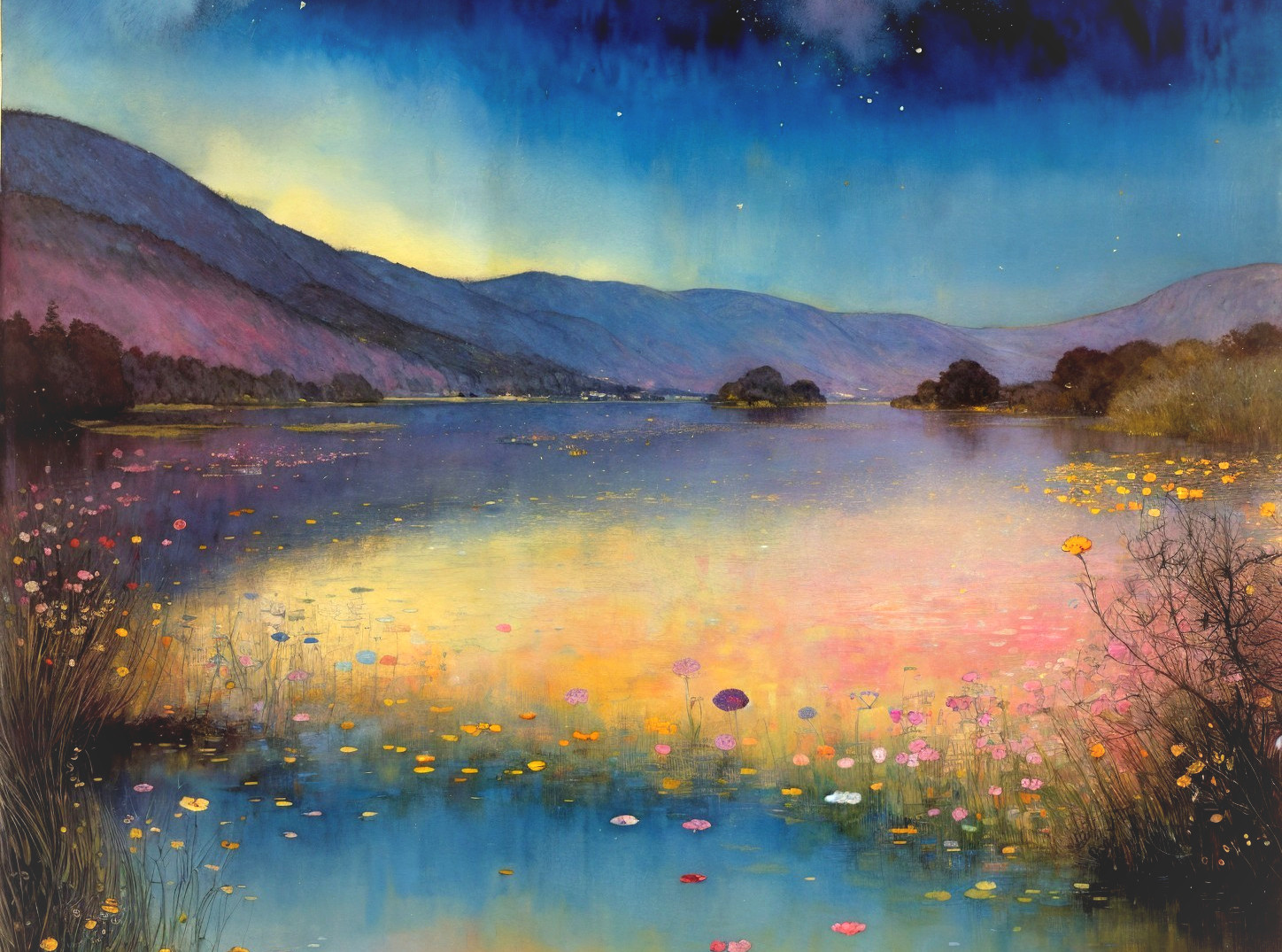 Tranquil Lake Landscape at Sunset with Colorful Flowers