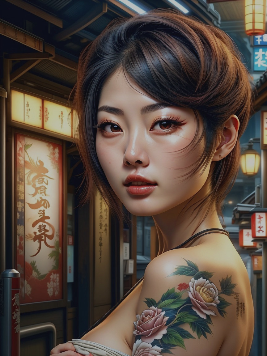 Young Woman in Traditional Lantern-Lit Street Scene