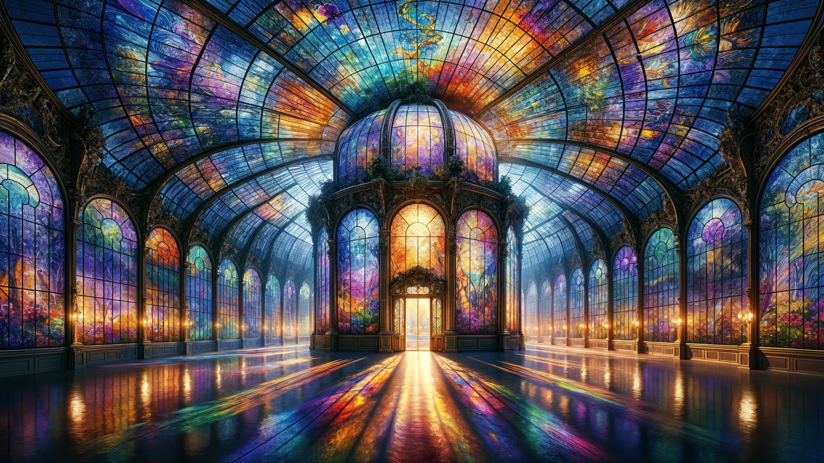 Grand domed interior with vibrant stained glass windows