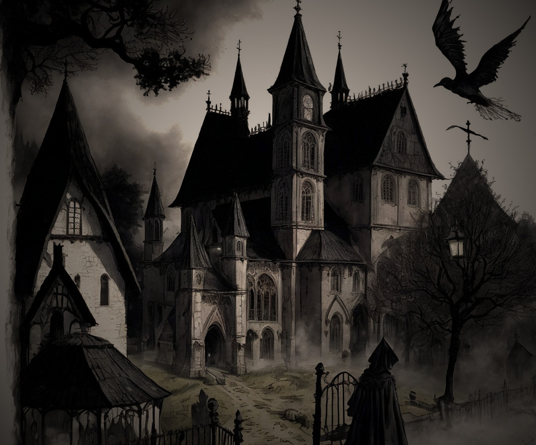 Gothic Castle in Foggy, Eerie Landscape Scene