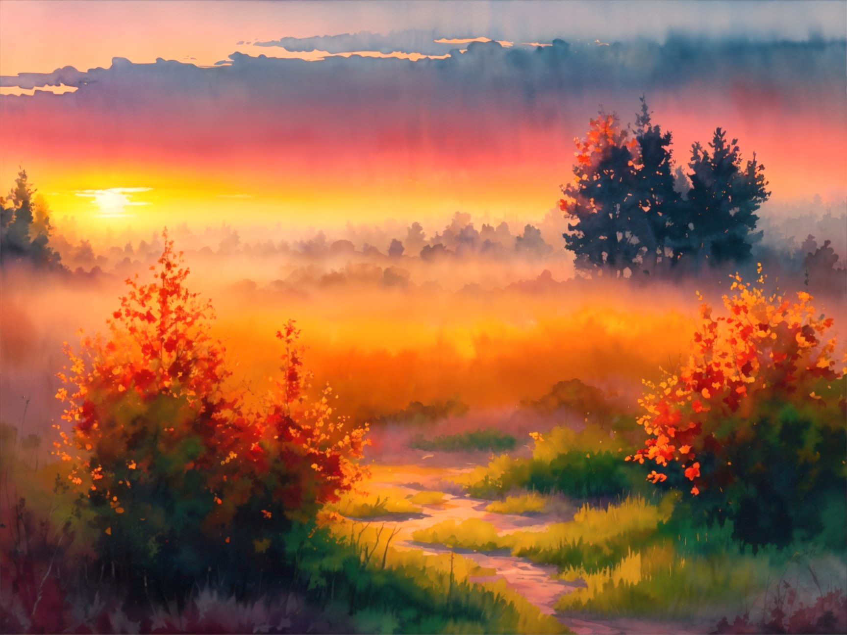 Dawn Landscape with Winding Path and Vibrant Colors