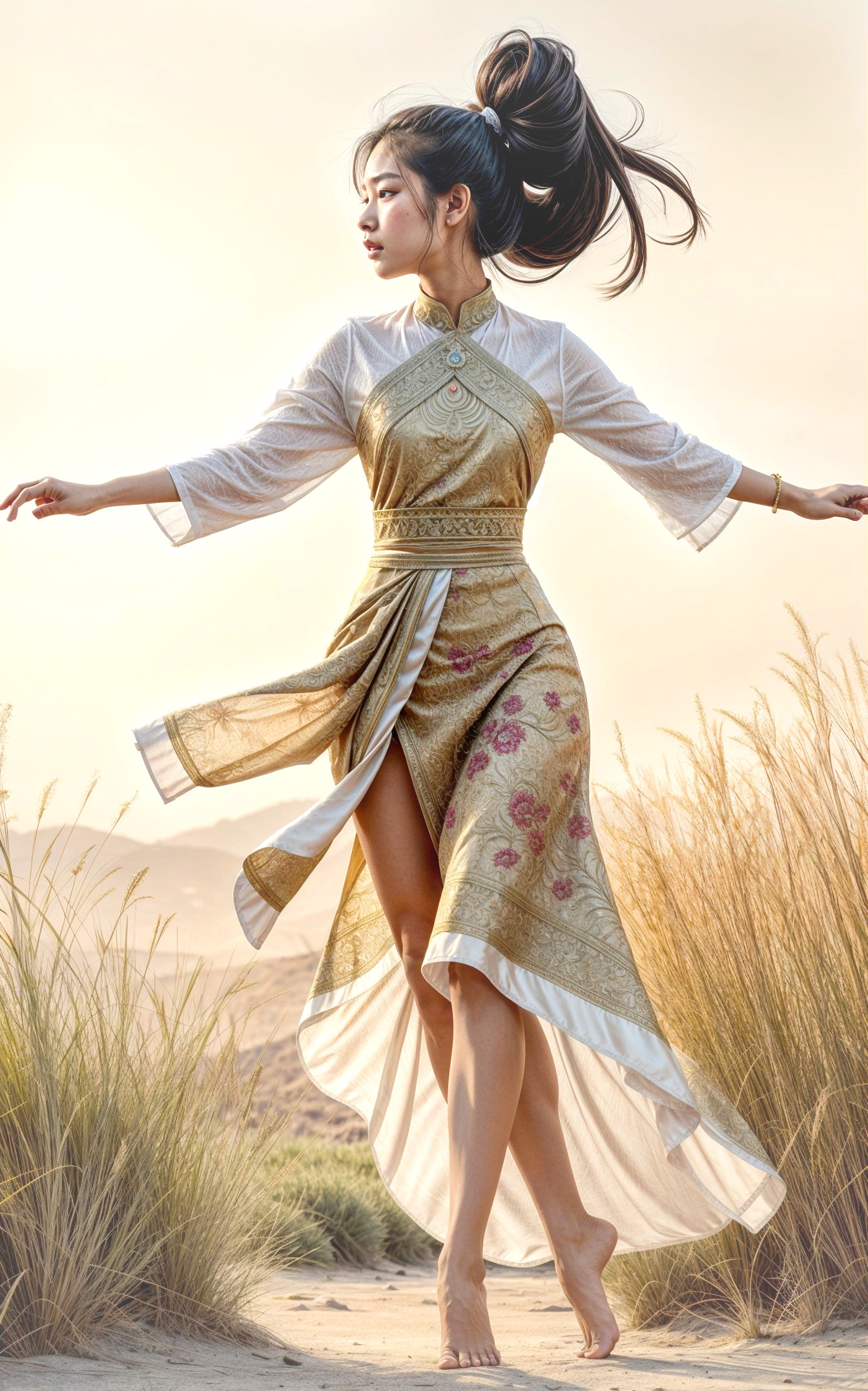 Dancer in Golden Dress Amidst Serene Landscape