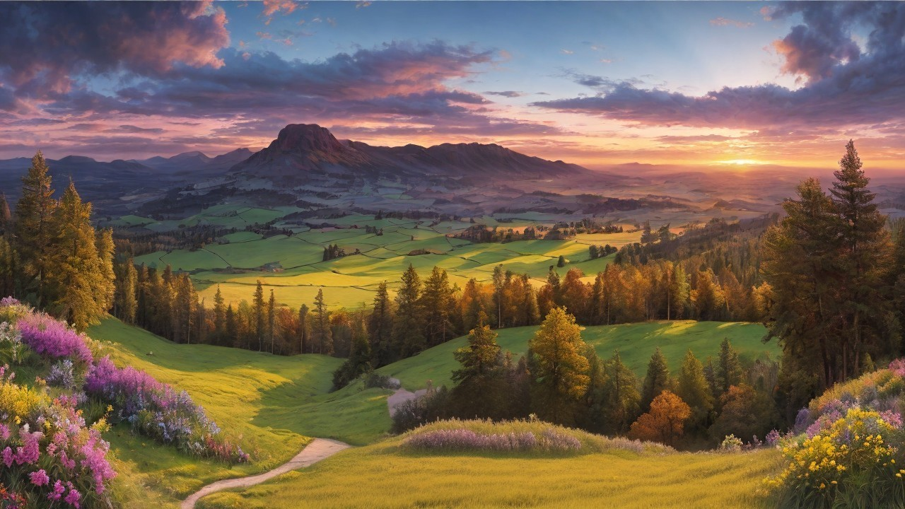 Vibrant Sunset Landscape with Hills and Mountains
