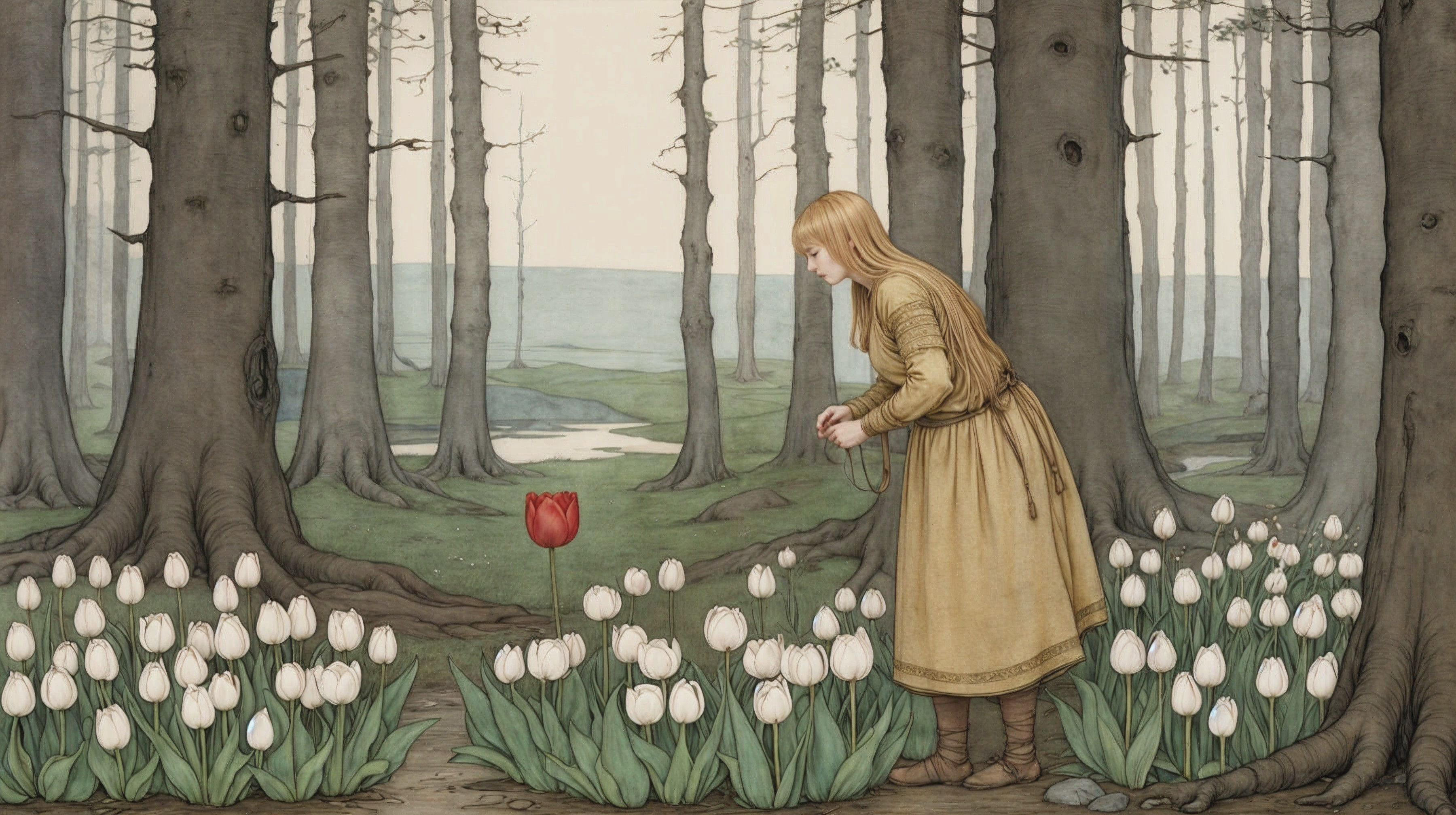 Young Woman Observing Red Tulip in Serene Forest