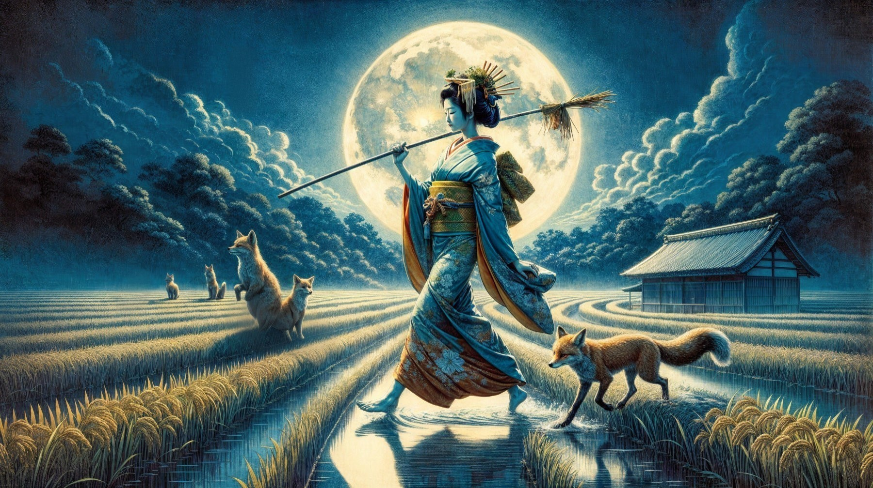 Woman in Traditional Attire in Rice Fields at Night