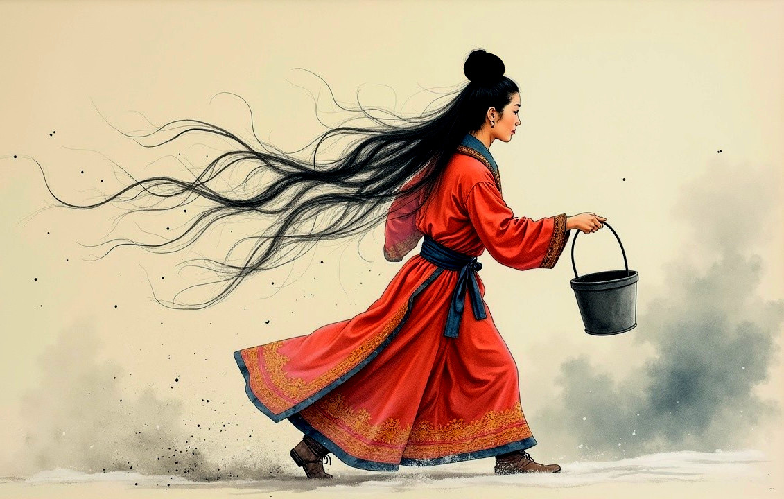 Young Woman in Elegant Red Robe with Bucket