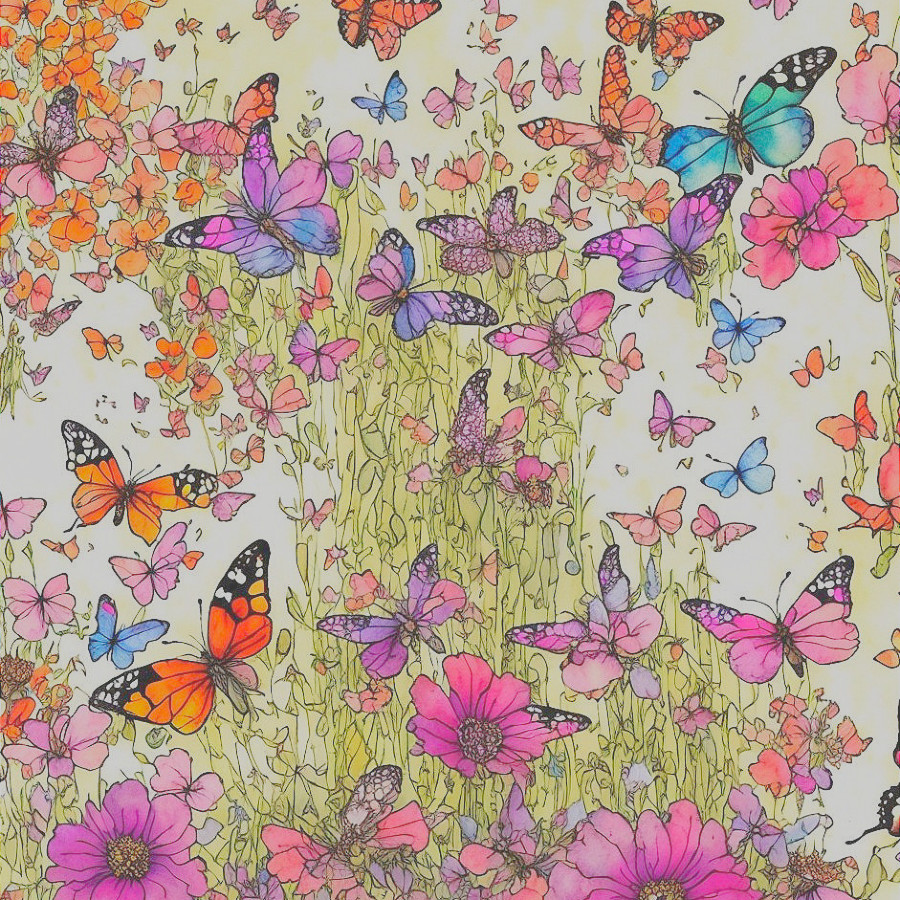 Vibrant Illustration of Colorful Butterflies in Garden