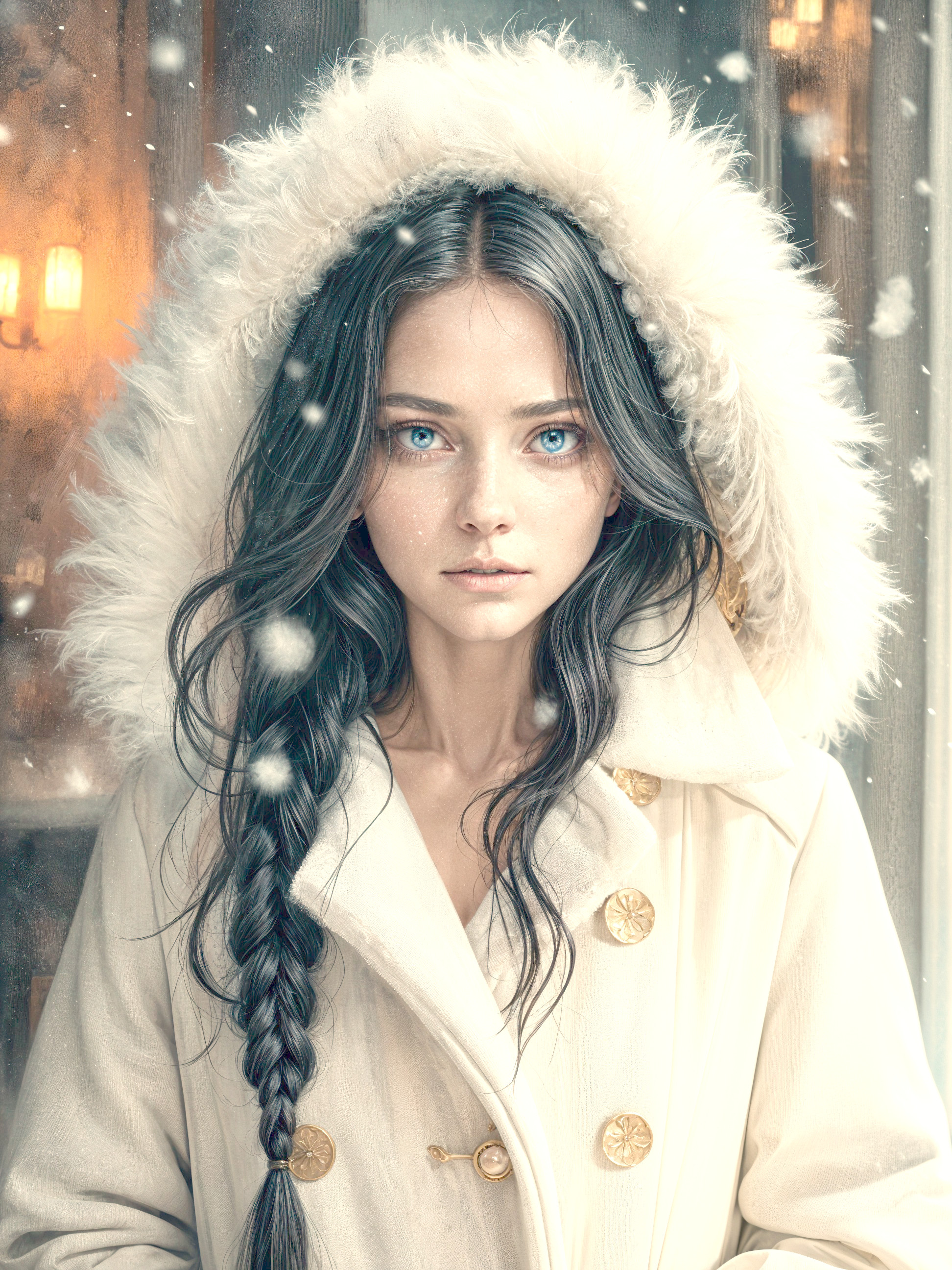 Young woman in white coat amid falling snowflakes