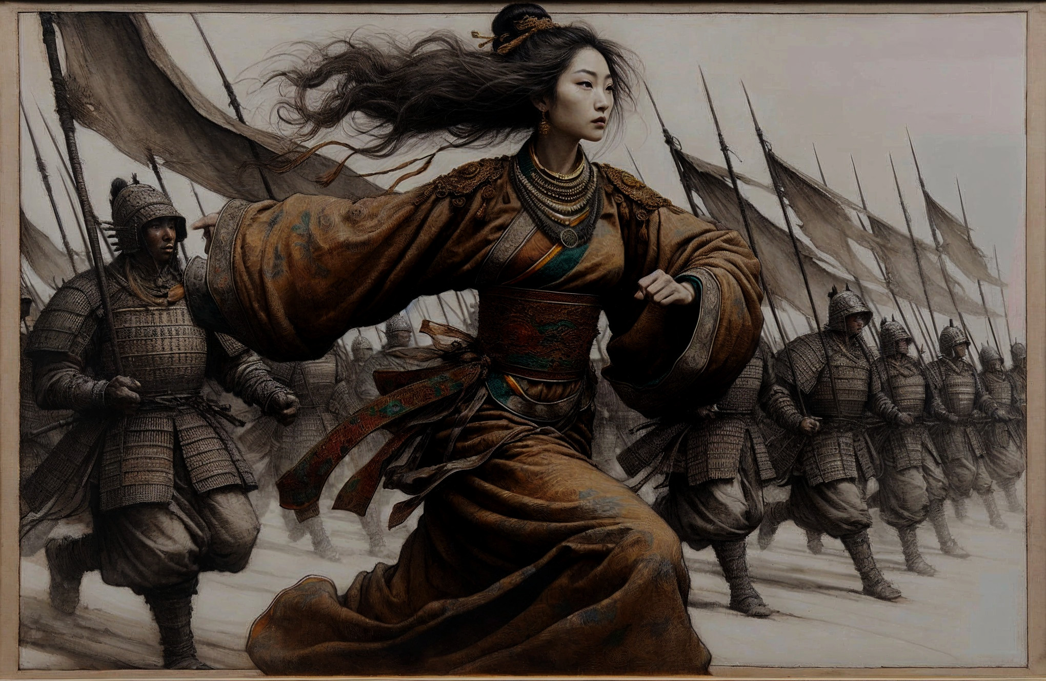 Warrior Woman with Armored Soldiers on Battlefield
