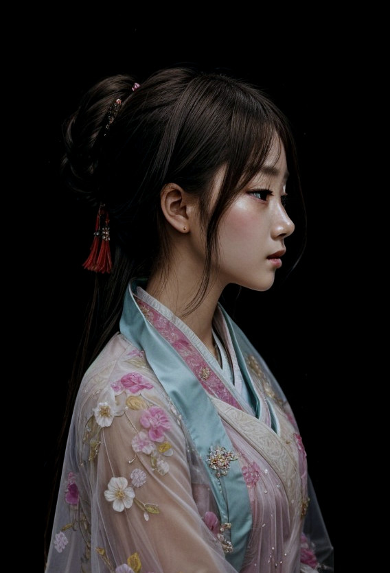 Young woman in profile with floral embroidered outfit