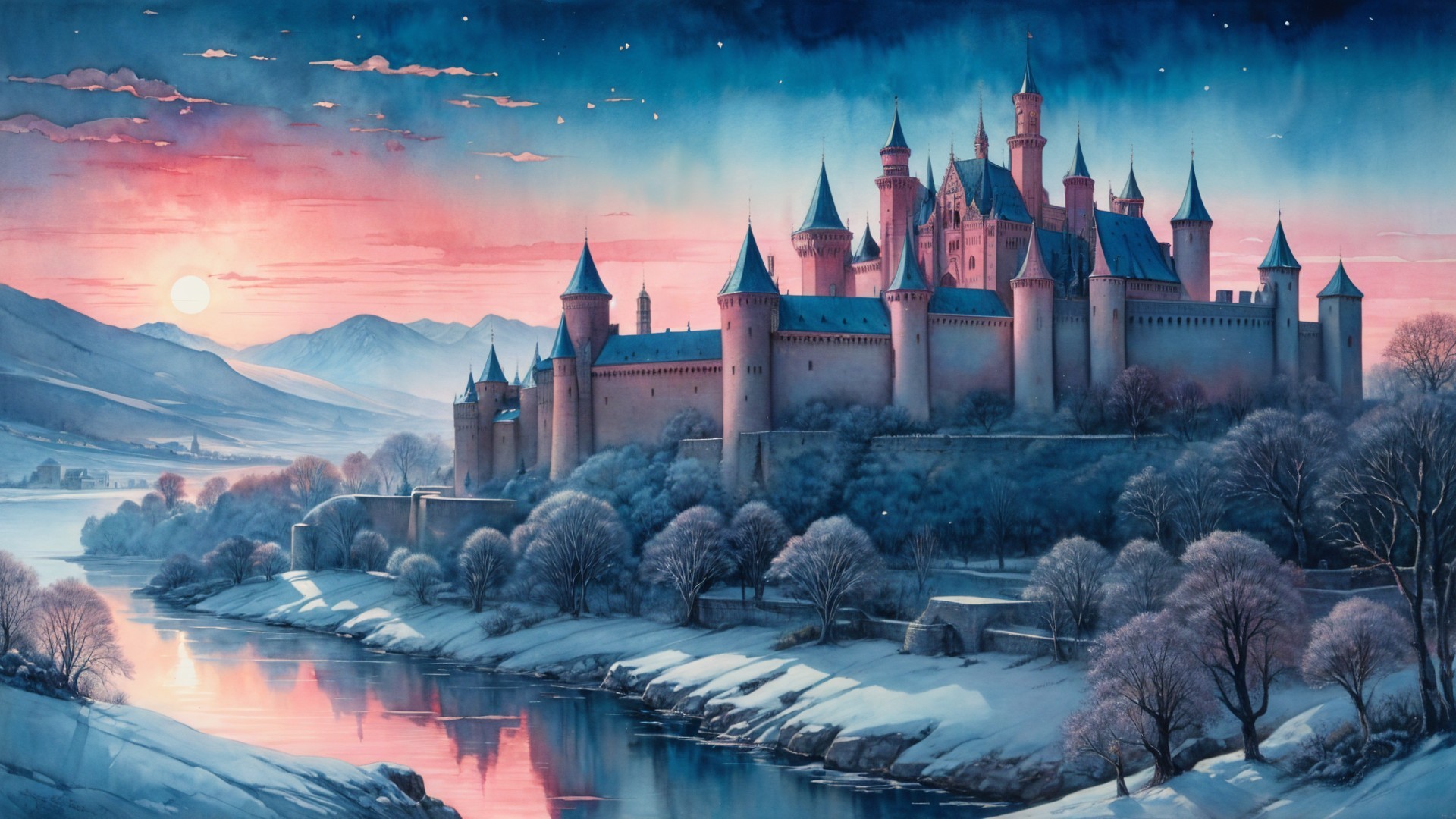 Majestic castle at dawn with serene landscape reflection
