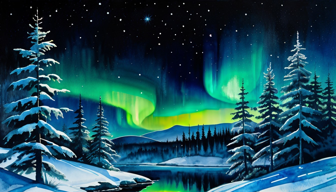Vibrant Watercolor of Winter Night with Aurora Borealis
