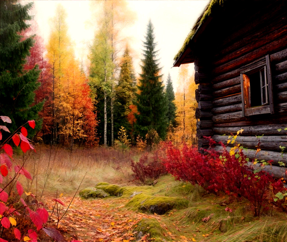 Cozy Wooden Cabin in Vibrant Autumn Landscape