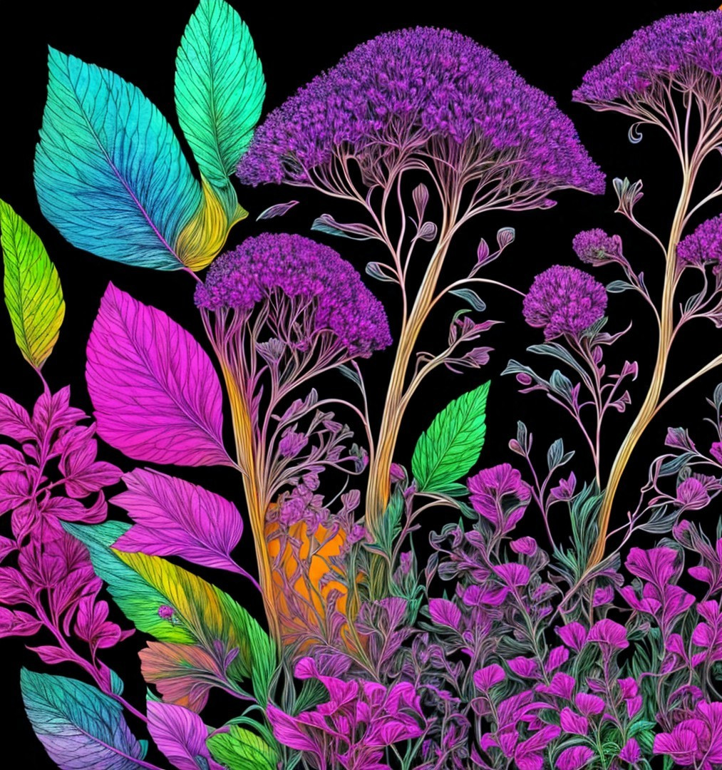 Vibrant Plant and Flower Arrangement on Black Background