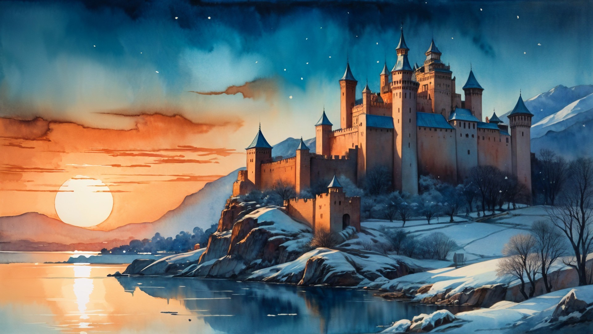 Majestic castle on a rocky promontory at sunset