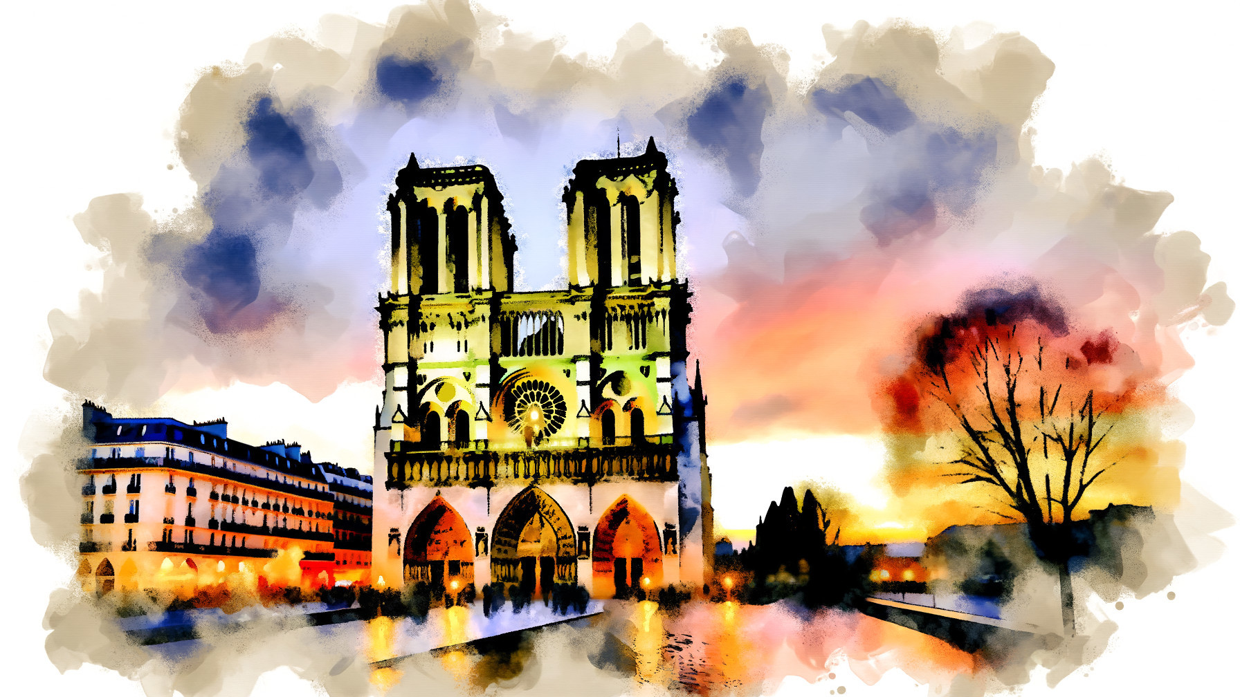 Watercolor Artwork of Notre-Dame Cathedral at Sunset
