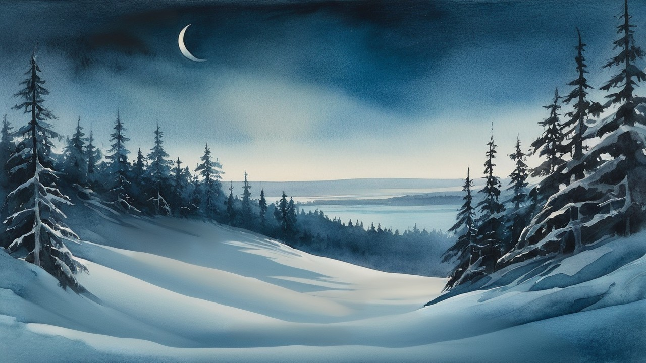 Snowy Night Landscape with Crescent Moon and Pine Trees