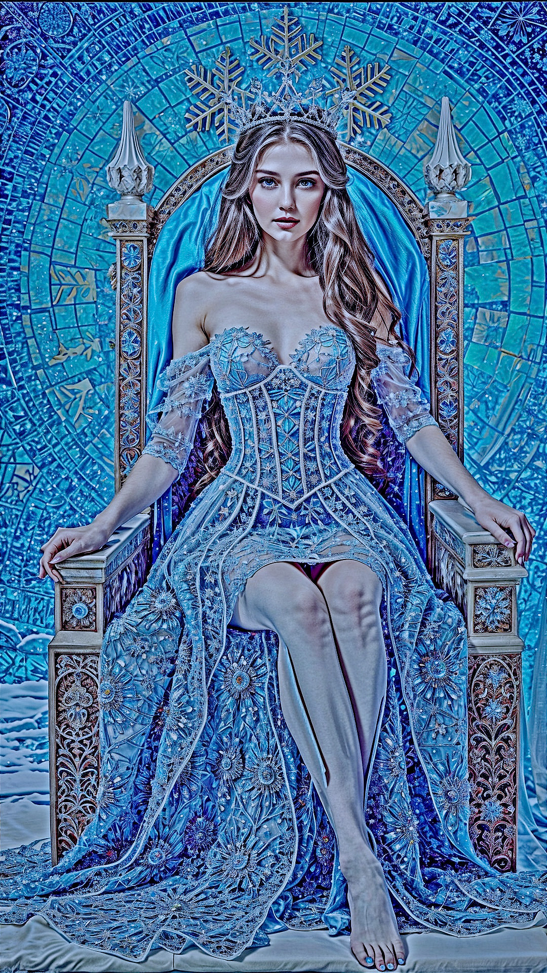 Regal Figure on Ornate Throne in Icy-Blue Gown