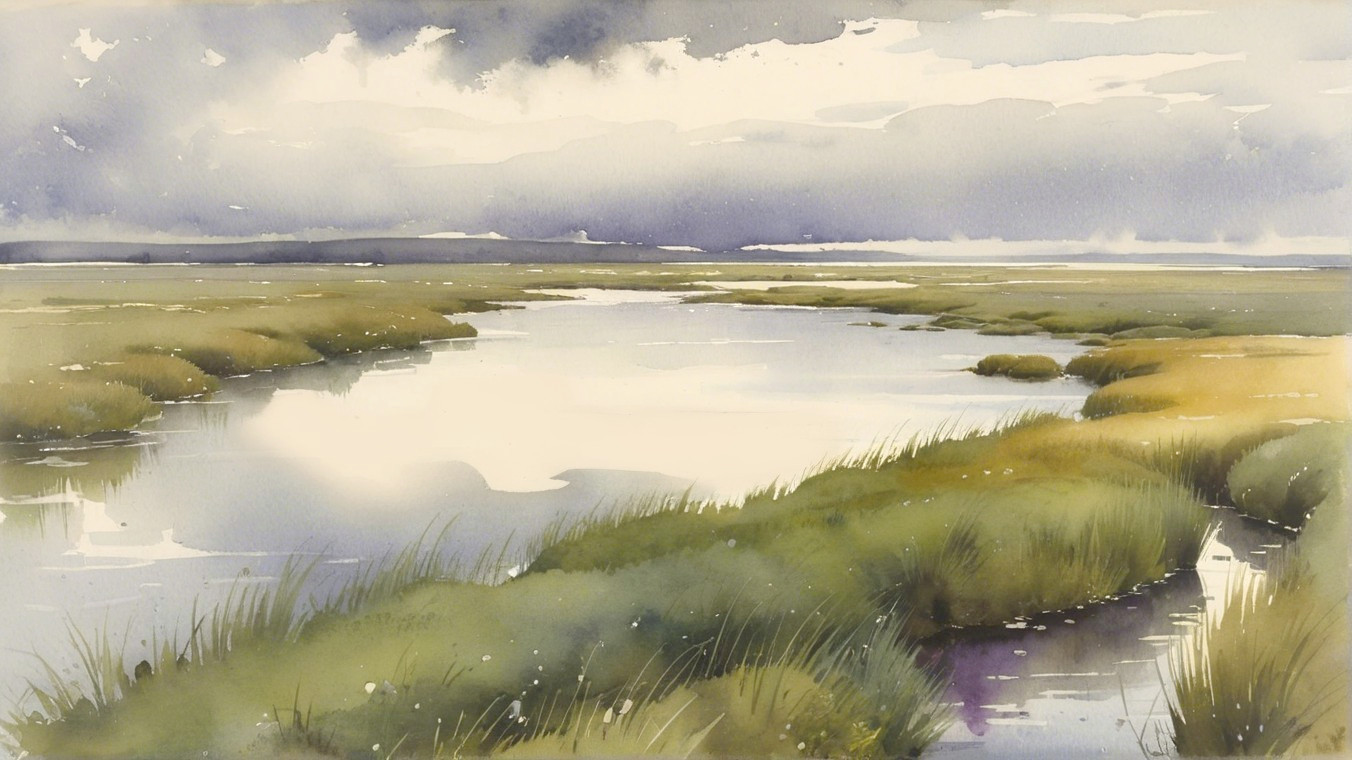 Tranquil Watercolor Landscape of a Marsh Scene