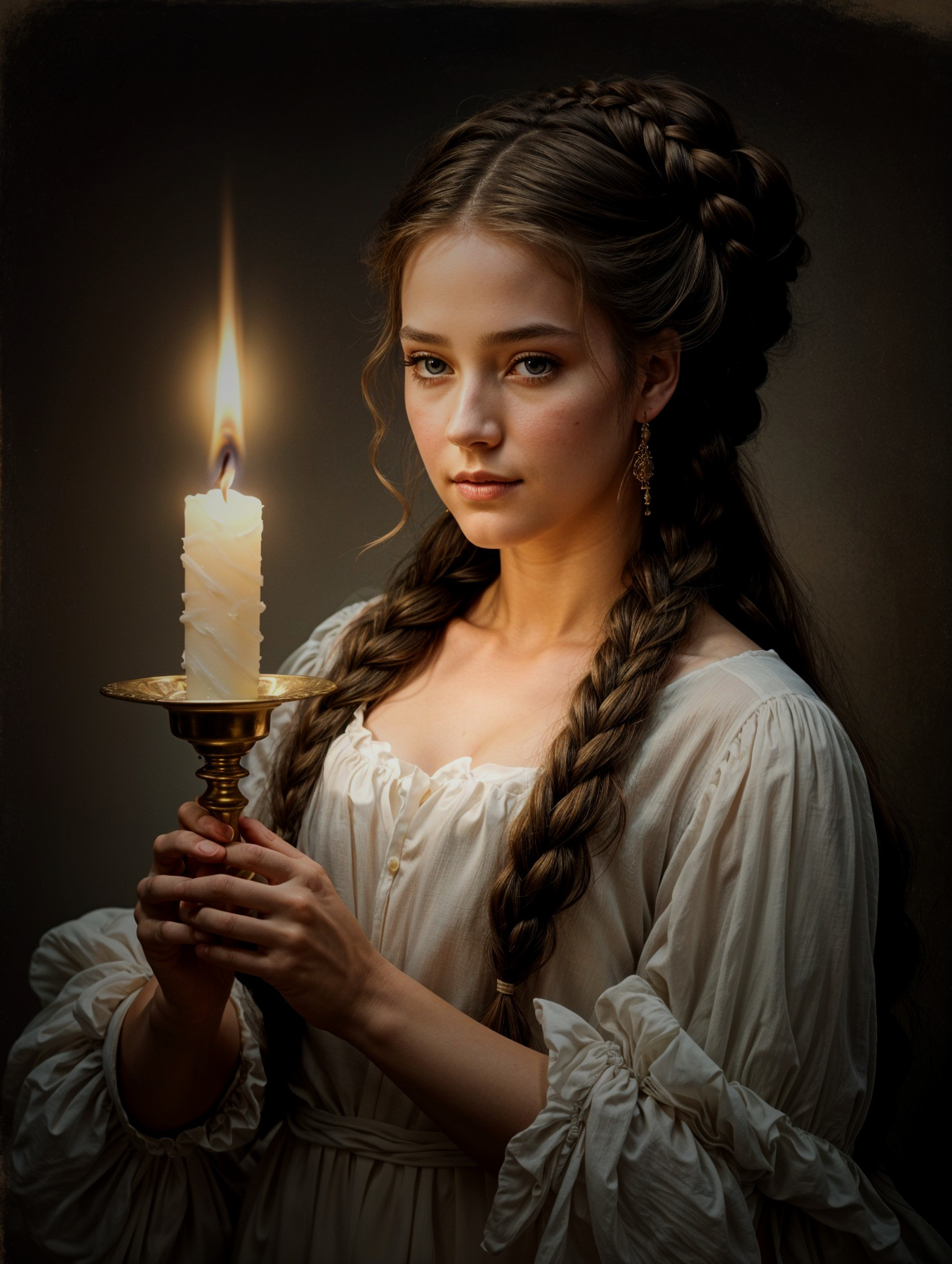 Young Woman with Braided Hair and Lit Candle