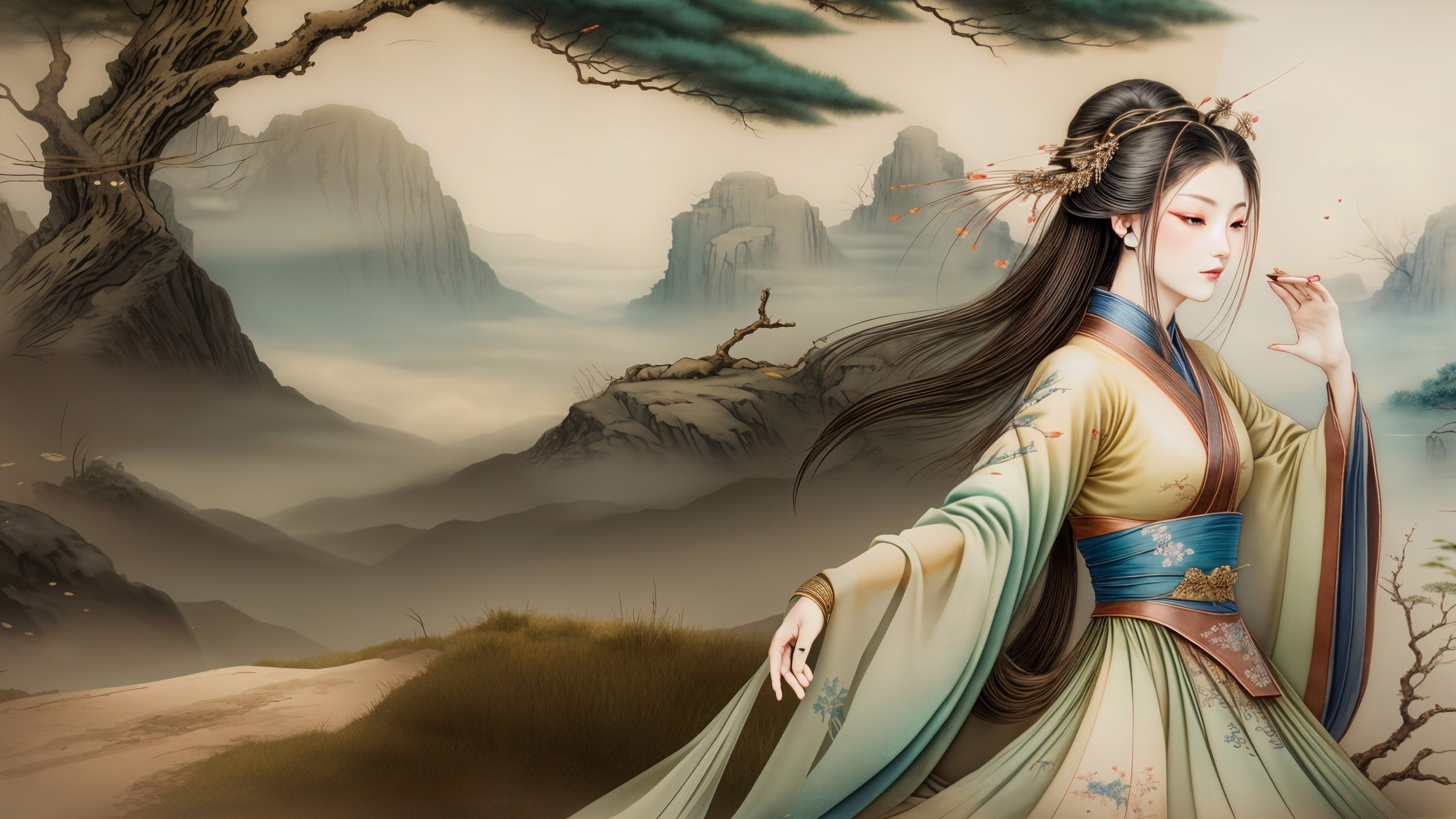 Traditional Attire in Serene Mountain Landscape
