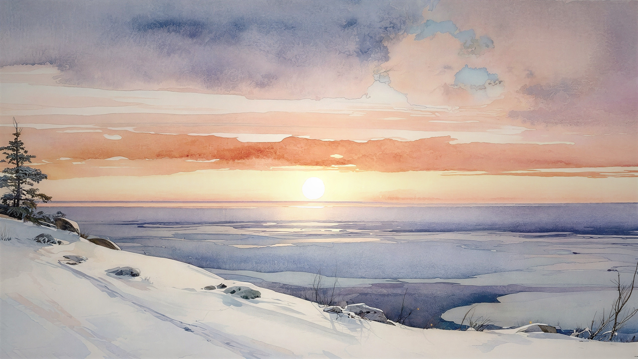 Watercolor Painting of Serene Winter Landscape at Sunset