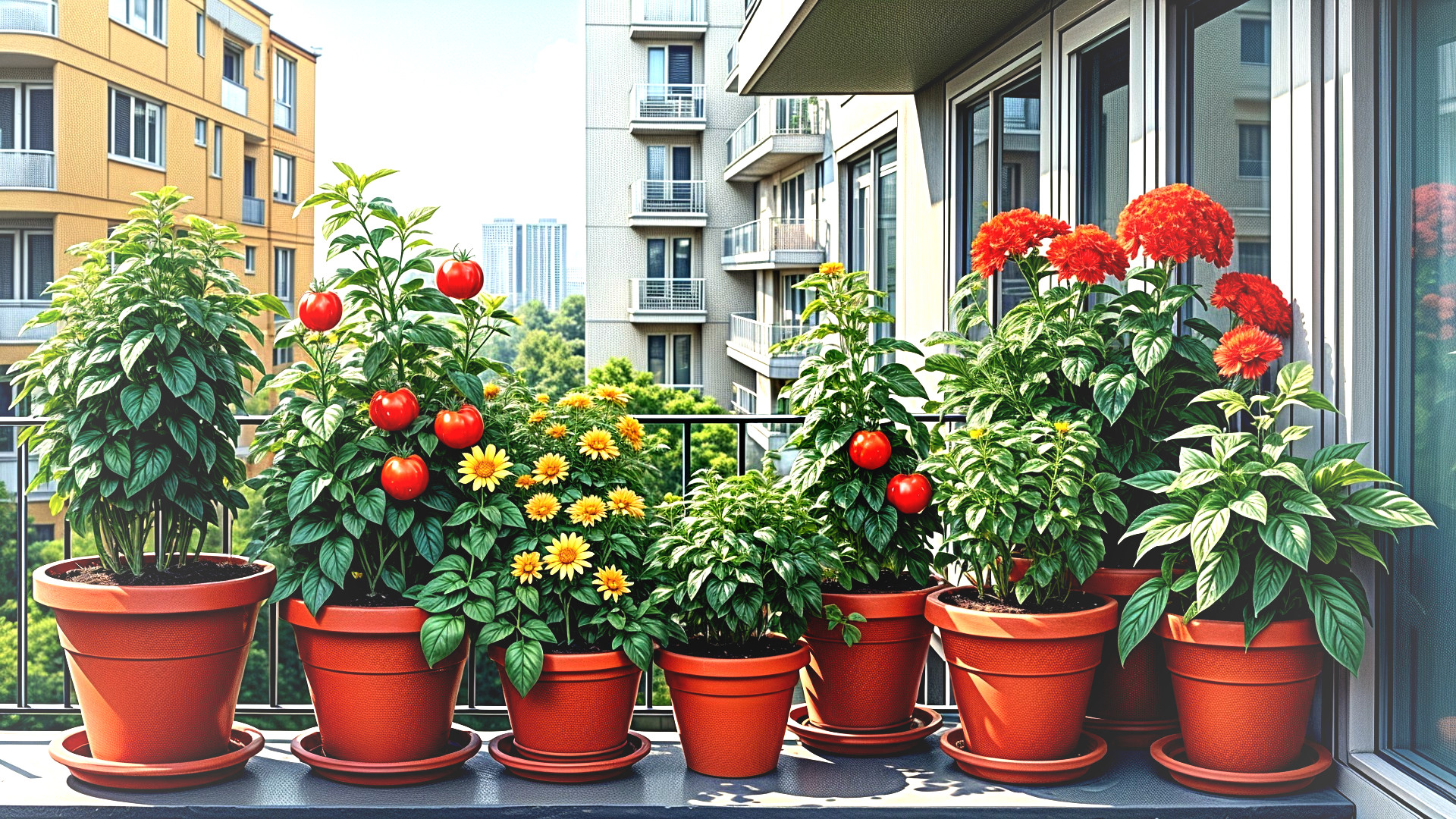 Vibrant Balcony Garden with Diverse Potted Plants