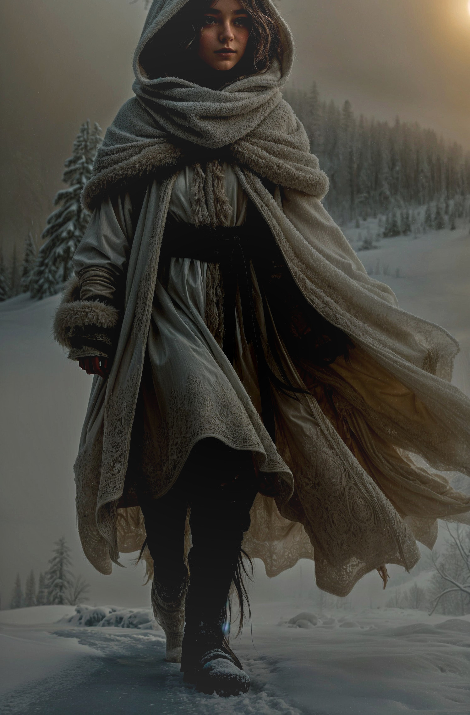 Young figure in layered cloak in snowy landscape