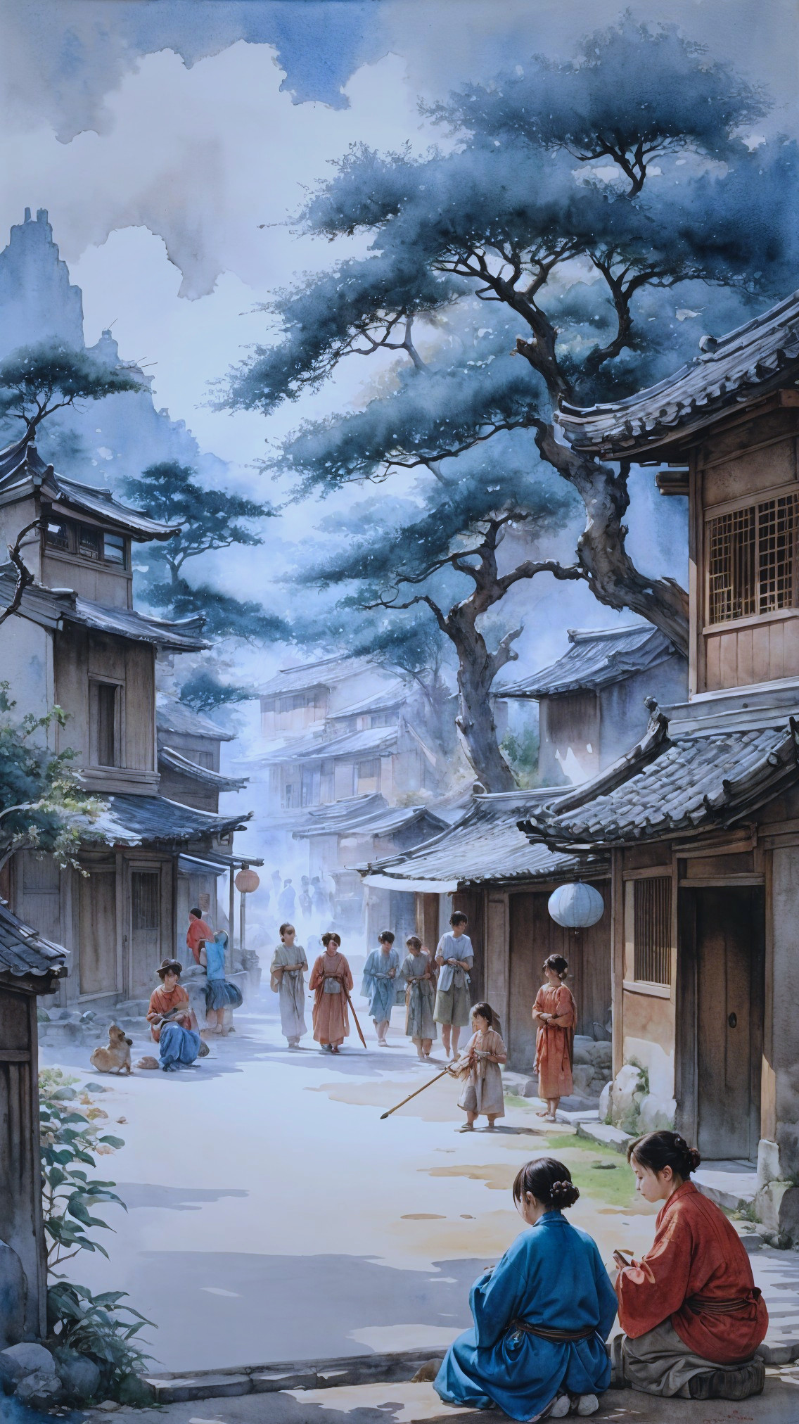 Narrow Street with Traditional Wooden Houses in Village