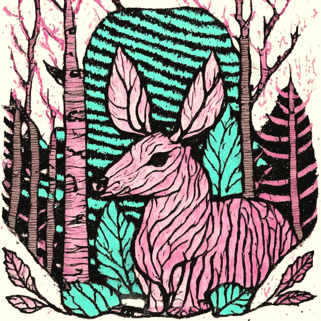 Stylized Pink Deer in Whimsical Forest Scene
