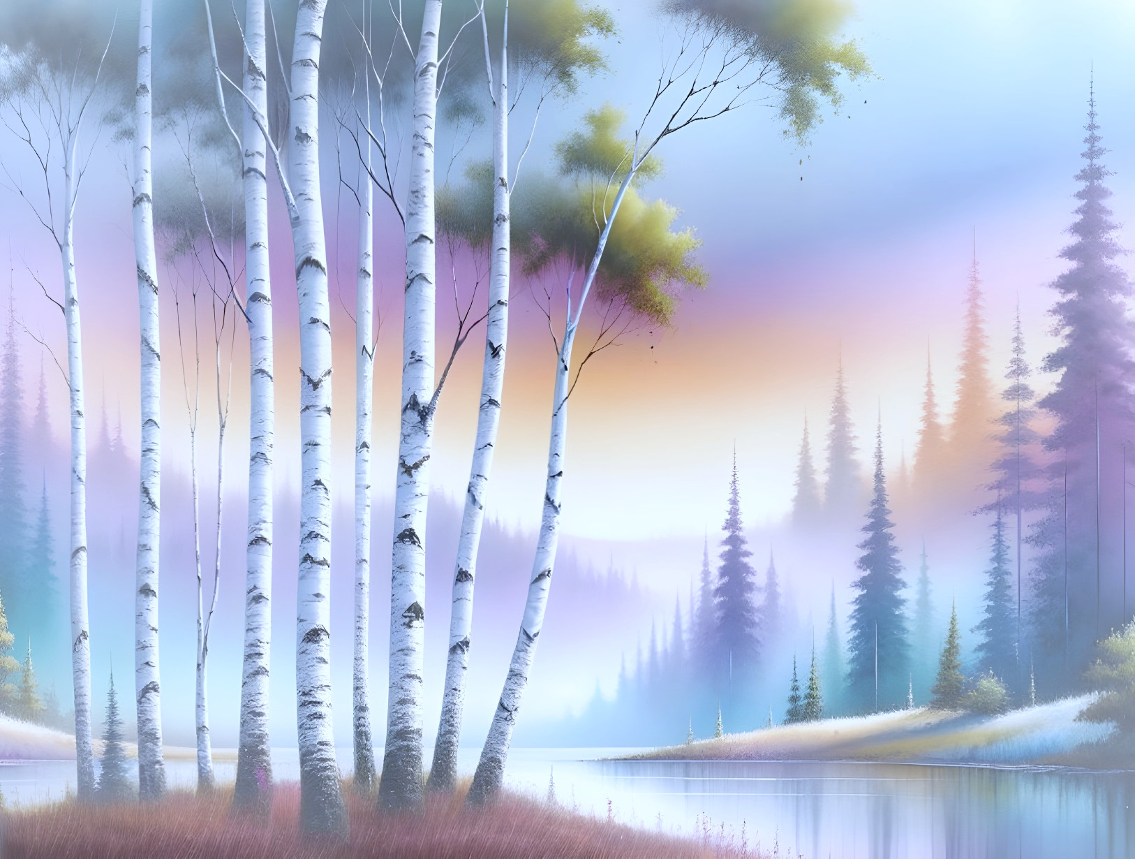 Serene Landscape with Birch Trees and Calm Lake