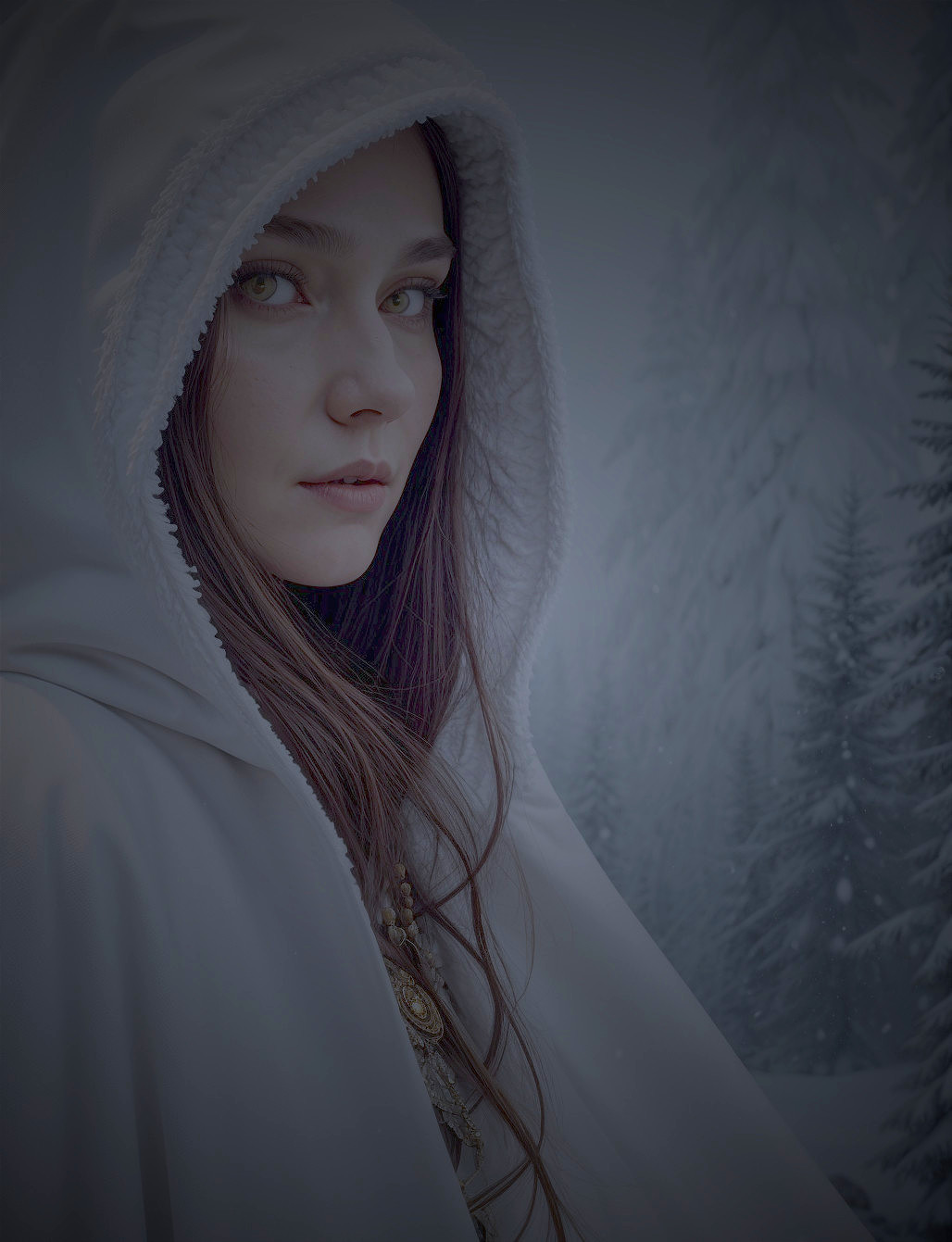 Young Woman in White Cloak in Snowy Forest Setting