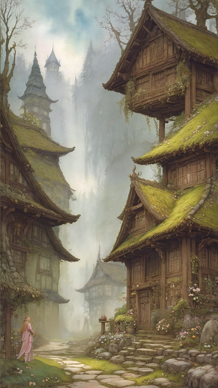 Mystical village in a foggy forest with wooden houses