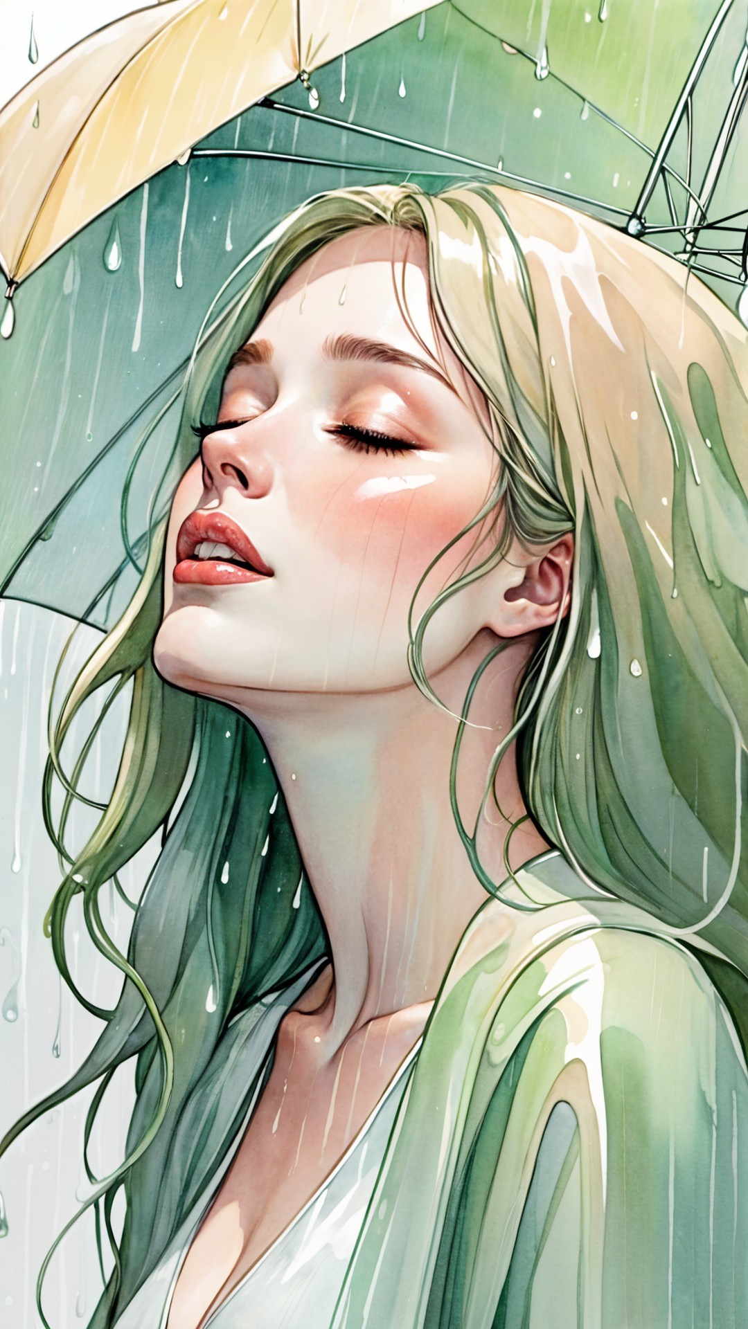 Serene Woman with Green Hair Under Umbrella in Rain